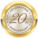 Gold 20th anniversary celebration badge.