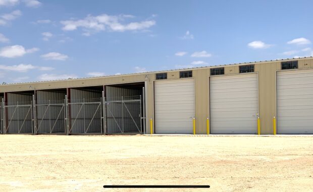 Storage units with closed and open doors.